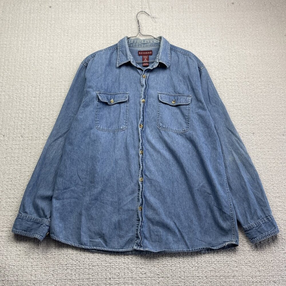 Y2K Nevada Button Up Long Sleeve Blue Jean Shirt Men XL Western Cowboy Rodeo